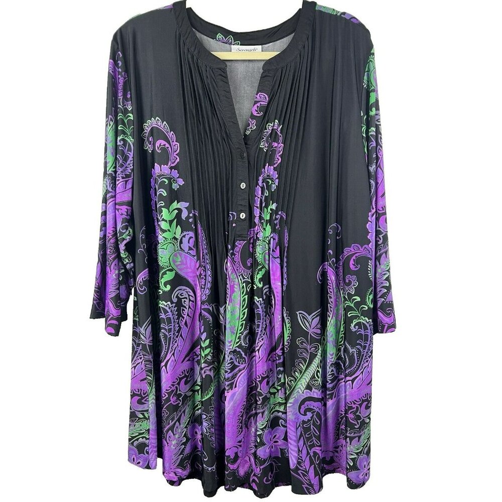 Serengeti Womens Tunic Top 3X Paisley Artsy Pleated Pullover Pintuck Blouse Boho